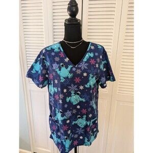 Sesame Street Cookie Monster Scrub Top Womens L Blue V Snow Winter Healthcare